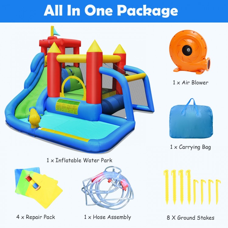 Inflatable bounce house splash pool with water slide, featuring safety fence and multiple play areas for kids aged 3-10.
