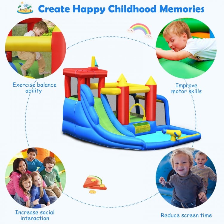 Inflatable bounce house splash pool with water slide, featuring multiple play areas for kids aged 3-10 years.