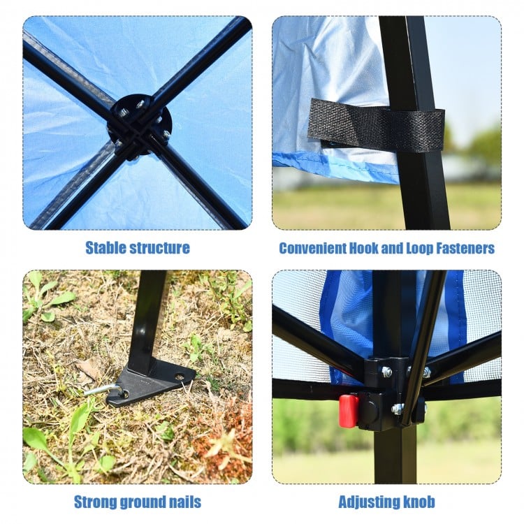 Adjustable portable canopy tent features a stable steel frame, ground nails, and hook-and-loop fasteners for outdoor.