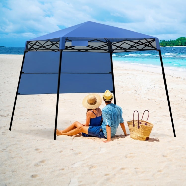 Portable 7 x 7 feet blue canopy tent with adjustable height, perfect for outdoor activities like camping and parties.