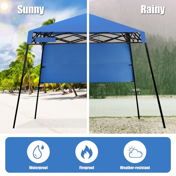 Adjustable 7 x 7 feet blue portable canopy tent, waterproof and fireproof, ideal for outdoor activities and gatherings.