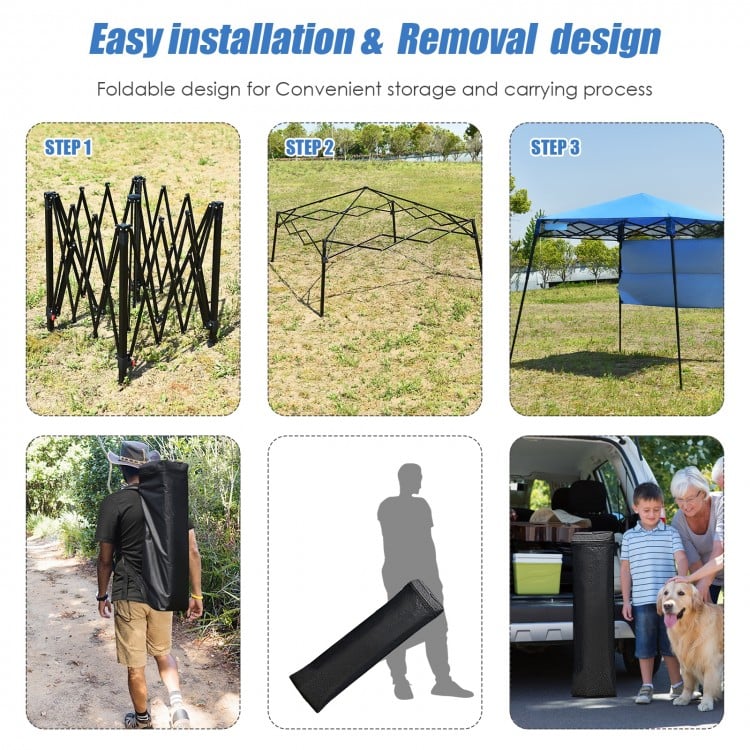 Adjustable 7 x 7 feet blue portable canopy tent shown in three installation steps, ideal for outdoor activities and.