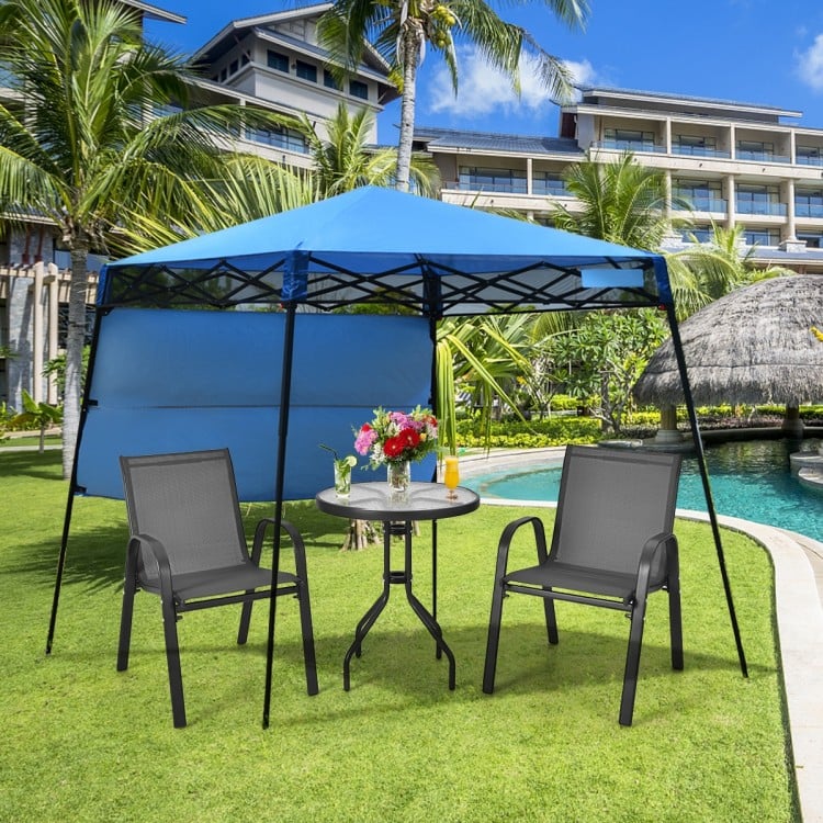Portable blue canopy tent with adjustable height, sturdy steel frame, and half wall for outdoor gatherings and.
