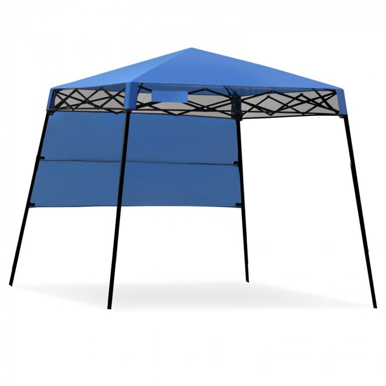 Adjustable blue portable canopy tent with slant legs, perfect for outdoor activities like camping and parties.