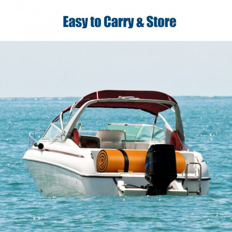 3-layer tear-proof orange water mat on a boat, designed for easy carrying and storage, perfect for summer fun.