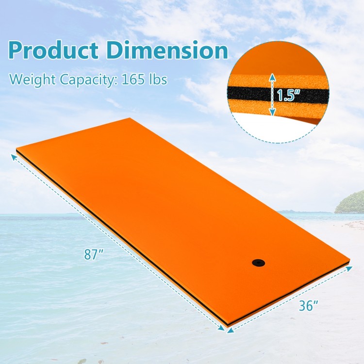 Orange 3-layer tear-proof water mat with dimensions 87"x36", designed for buoyancy and relaxation on water.