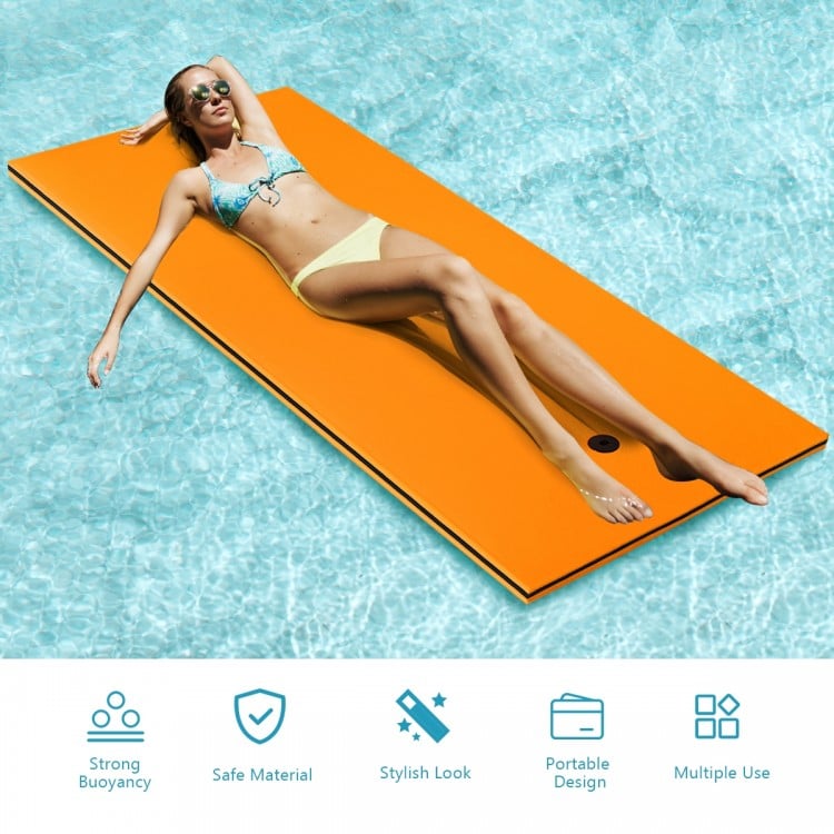 Bright orange 3-layer tear-proof water mat for floating, sunbathing, and relaxation in pools or lakes.