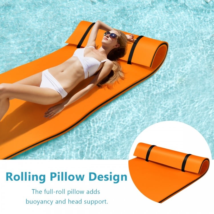 Orange 3-layer tear-proof water mat with rolling pillow design for buoyancy and head support, ideal for summer.