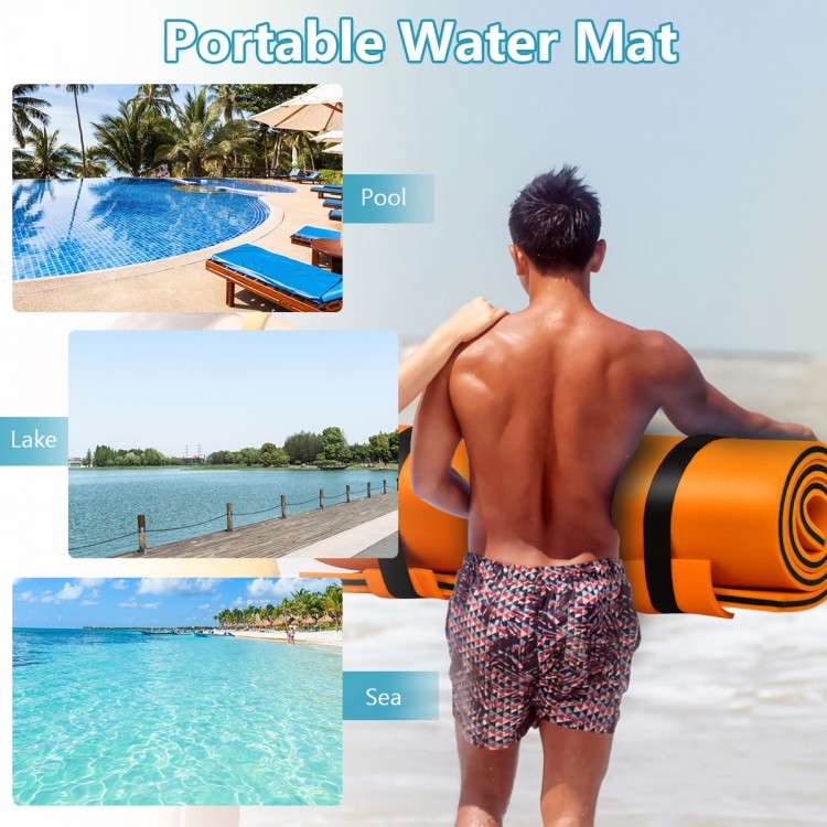 Portable 3-layer tear-proof water mat in orange, ideal for lakes and pools, offers buoyancy and easy storage.