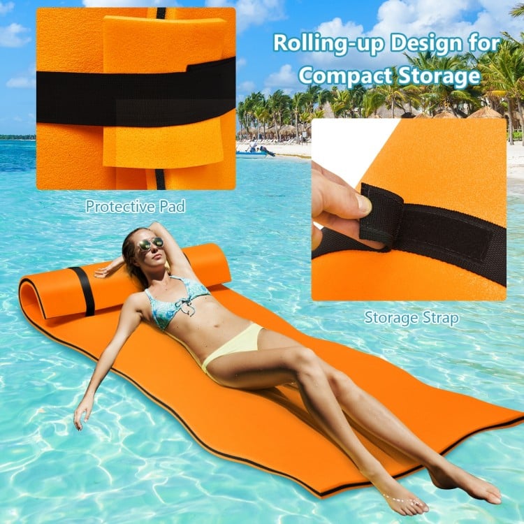 3-layer orange floating water mat with rolling design, tear-resistant XPE foam, ideal for sunbathing and relaxation.