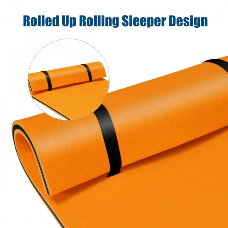 Rolled-up orange 3-layer water mat made of tear-resistant XPE foam, designed for easy storage and buoyant support.