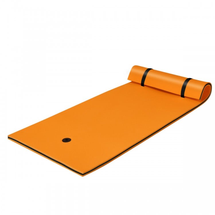 Orange 3-layer tear-proof water mat with rolling pillow design, perfect for lakes, pools, and beach relaxation.