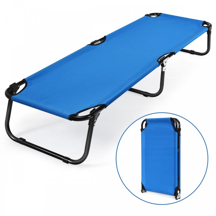 Blue outdoor folding camping bed with sturdy iron frame and breathable 600D Oxford cloth, ideal for travel and hiking.