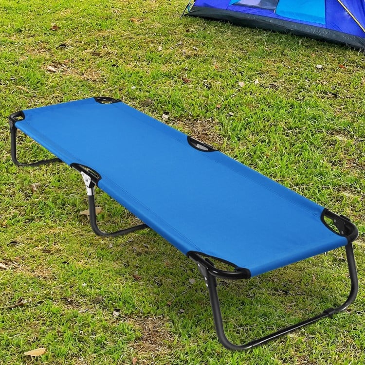 Blue outdoor folding camping bed with sturdy iron frame and breathable 600D Oxford cloth, perfect for travel and hiking.