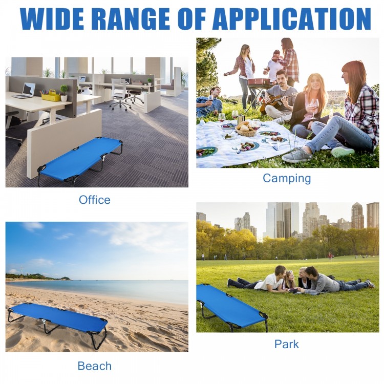 Portable blue outdoor folding camping bed with sturdy iron frame, ideal for travel, hiking, and outdoor activities.