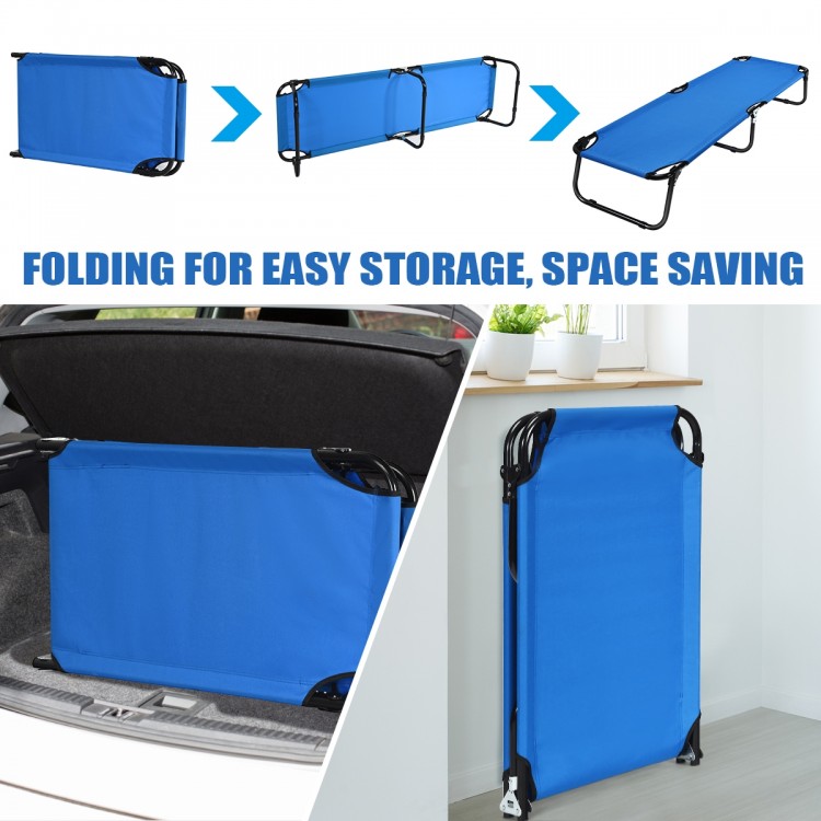 Blue outdoor folding camping bed with sturdy iron frame, breathable 600D Oxford cloth, ideal for travel and storage.