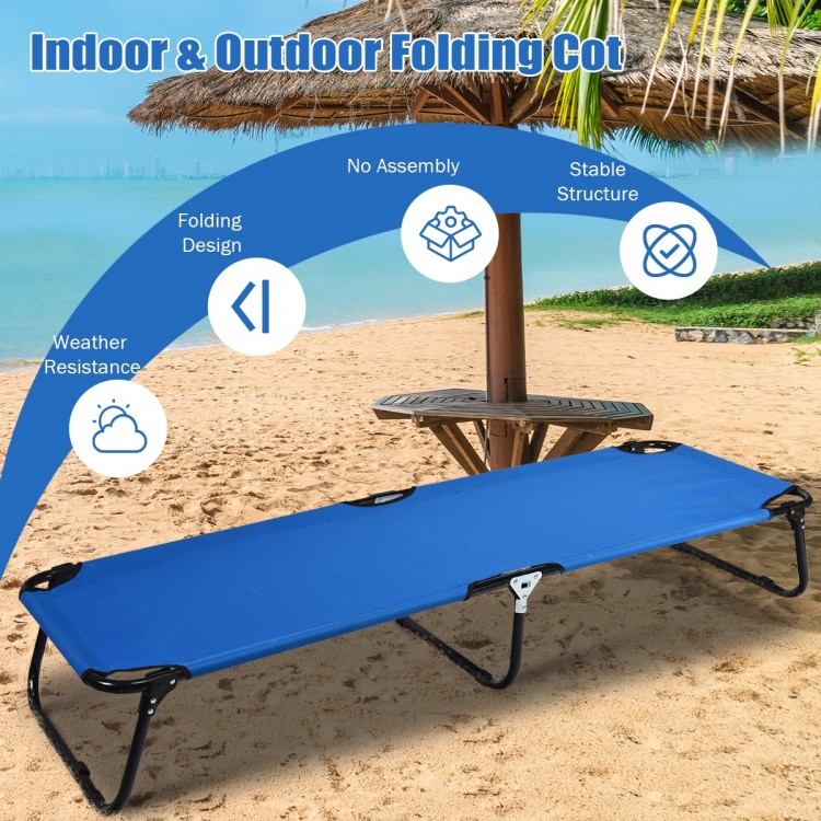 Blue outdoor folding camping cot with sturdy iron frame, breathable 600D Oxford cloth, ideal for travel and hiking.