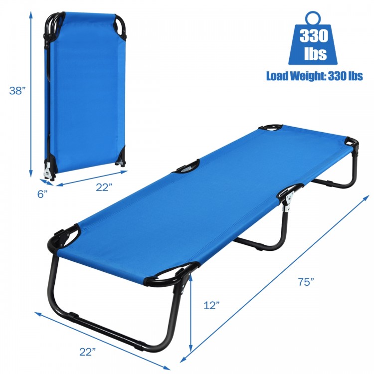 Portable blue outdoor folding camping bed with a sturdy iron frame, ideal for hiking and travel, supports up to 330 lbs.