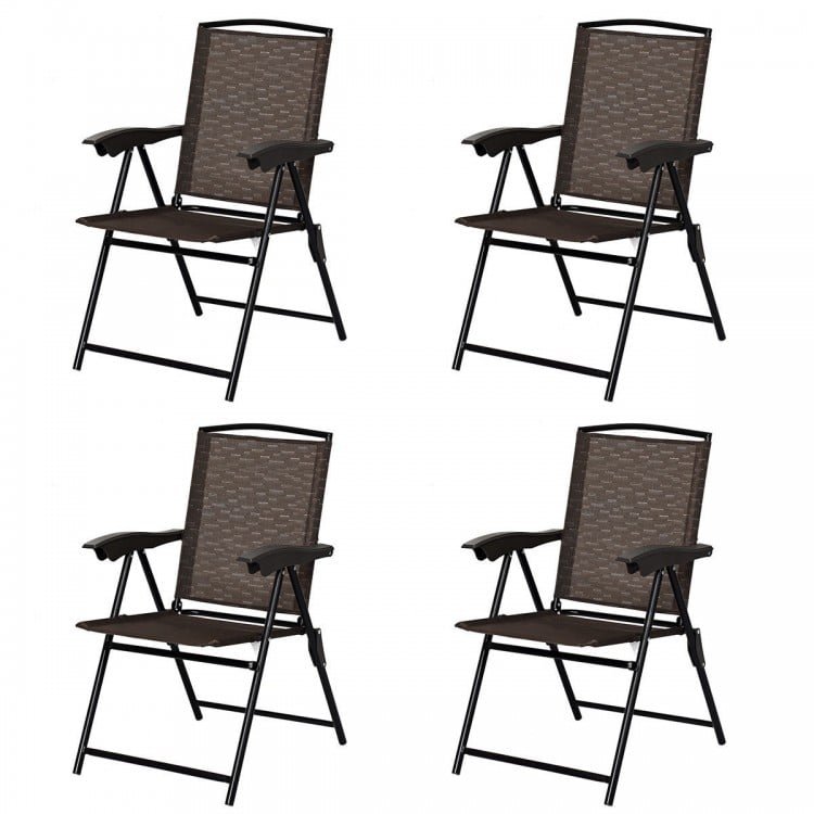 Set of 4 folding dining chairs with steel armrests, breathable fabric, and adjustable backrest for outdoor relaxation.