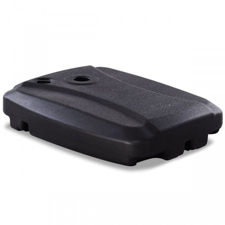 Heavy-duty black HDPE plastic umbrella base, 60L capacity, designed for stability in windy conditions for patio use.