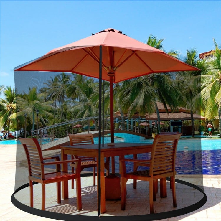 Outdoor umbrella table screen netting for 9-10 ft umbrellas, featuring zippered entrance and adjustable drawstring.