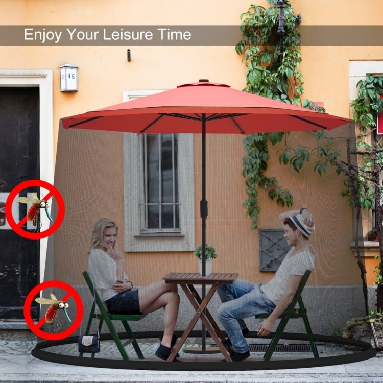 Outdoor umbrella table screen netting in red, adjustable for 9-10 ft umbrellas, keeps bugs out while preserving views.