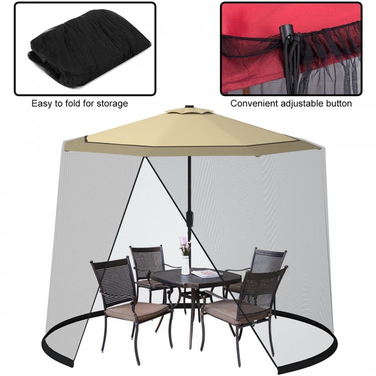 Outdoor mosquito net for 9-10 ft umbrellas, featuring adjustable drawstring and zippered entrance for easy access.