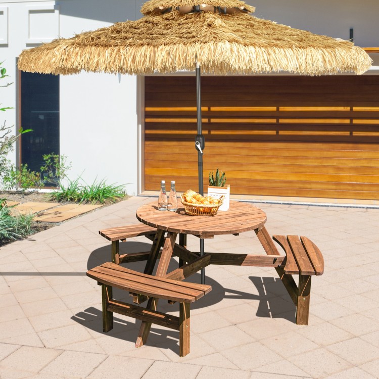 Wooden picnic table set for 6 with benches and umbrella hole, made of fir wood, perfect for outdoor patios.