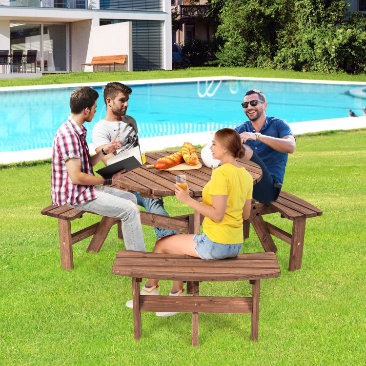Wooden picnic table set for 6 with benches, featuring an umbrella hole, ideal for outdoor gatherings and patios.