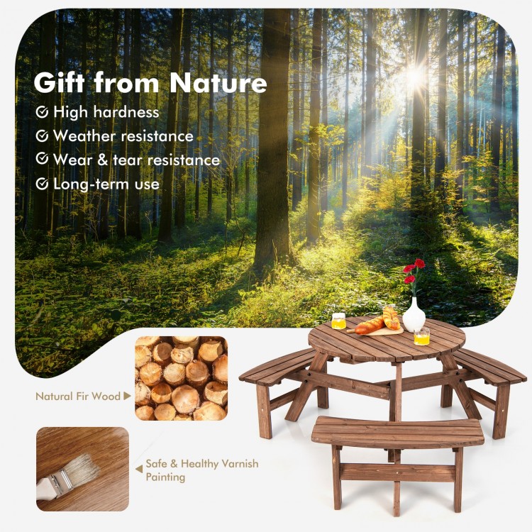 Wooden picnic table set for 6, made of fir wood with umbrella hole, ideal for patios and outdoor gatherings.