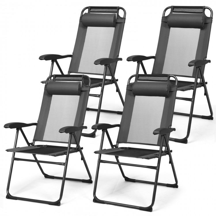 Set of two gray patio adjustable folding recliner chairs with seven-level backrest for outdoor relaxation.