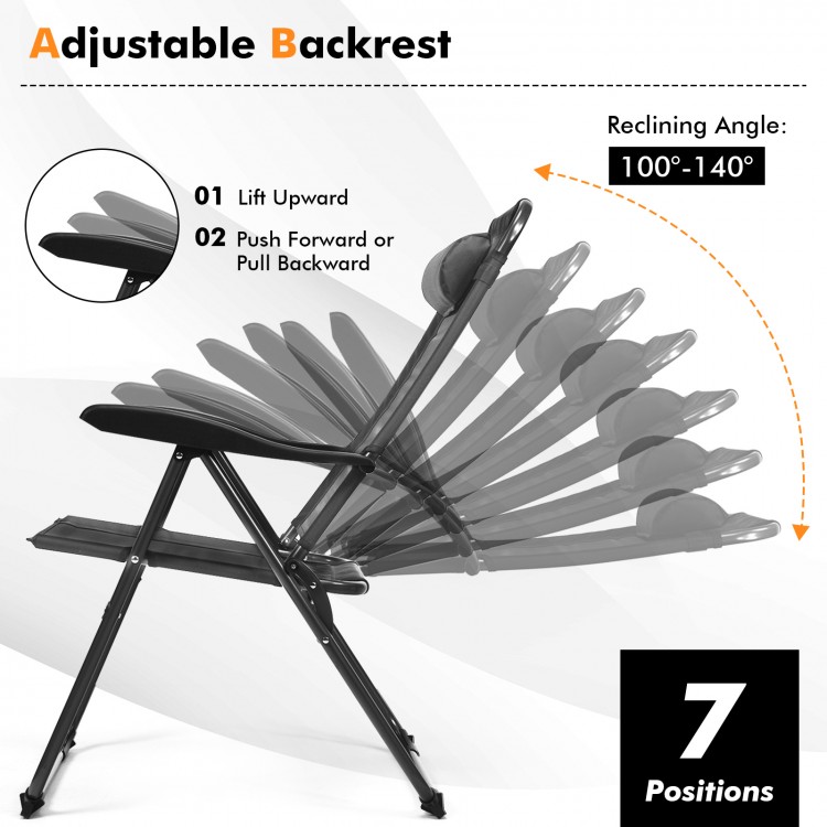 Gray adjustable folding recliner chair with a steel frame, featuring a 7-position backrest for versatile outdoor.