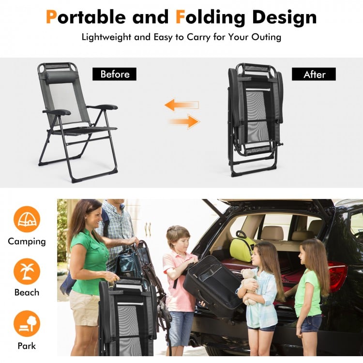Adjustable folding recliner chair in gray with lightweight design, perfect for camping, beach, or park outings.
