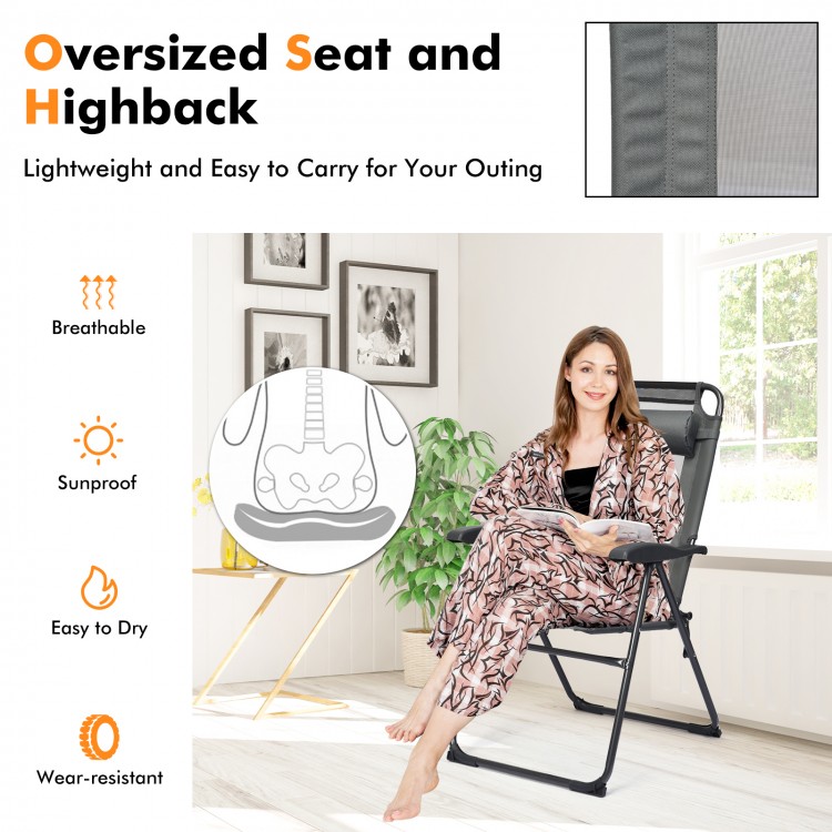 Adjustable folding recliner chair in gray with breathable oxford fabric, perfect for outdoor camping and relaxation.