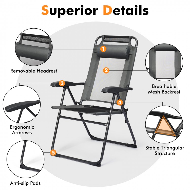 Adjustable folding recliner chair with breathable mesh backrest and ergonomic armrests, perfect for outdoor relaxation.