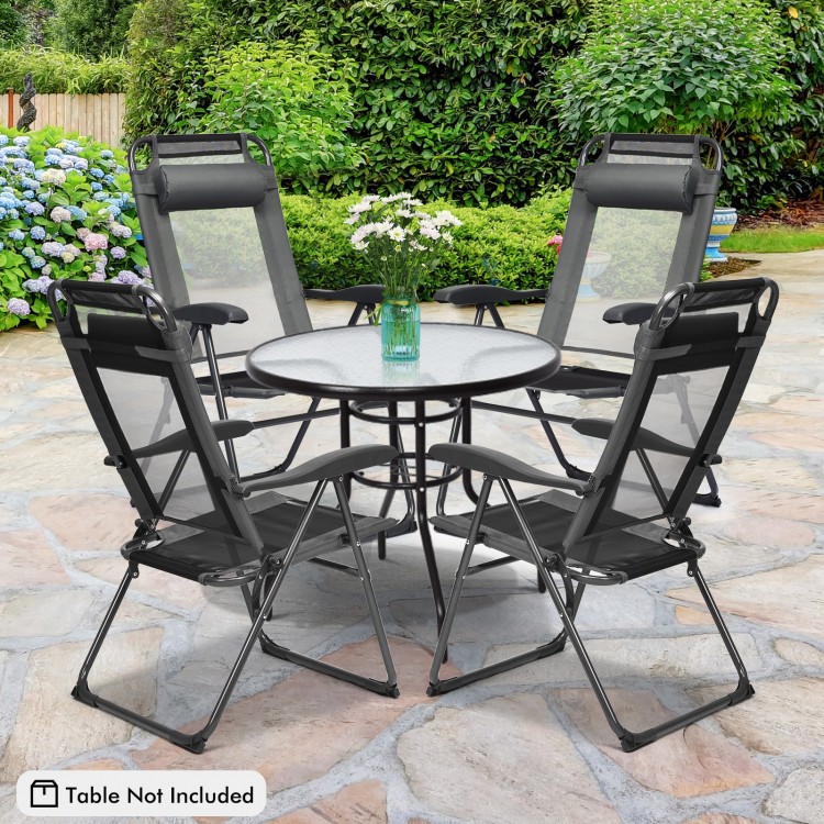 Two gray adjustable folding recliner chairs with steel frame and mesh design, perfect for outdoor relaxation.