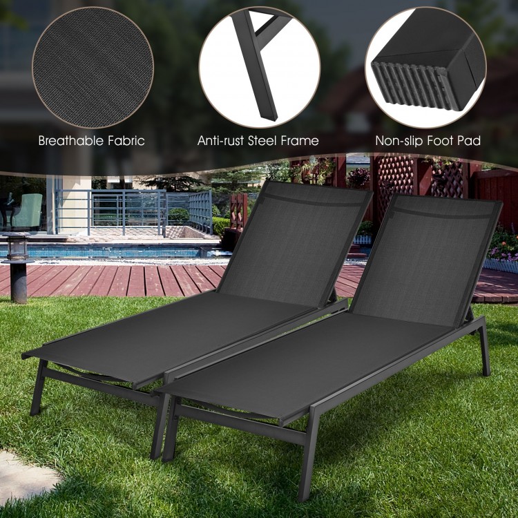Black outdoor reclining chaise lounge chair with 6 adjustable positions, sturdy anti-rust frame, perfect for patio.