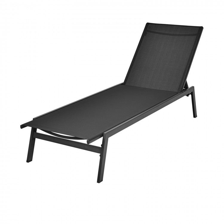 Black outdoor reclining chaise lounge chair with 6 adjustable positions, sturdy steel frame, perfect for patio or.