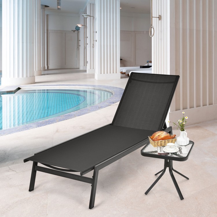 Black outdoor reclining chaise lounge chair with 6-position adjustable backrest, perfect for poolside relaxation.
