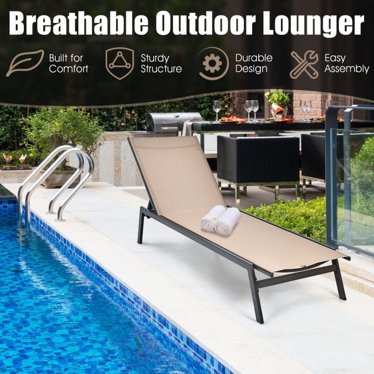 Close-up view of the breathable fabric on the outdoor reclining chaise lounge chair in brown, designed for outdoor.