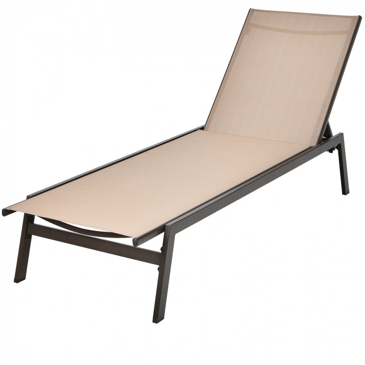 Outdoor reclining chaise lounge chair in brown with 6-position adjustable backrest, perfect for patio or poolside.