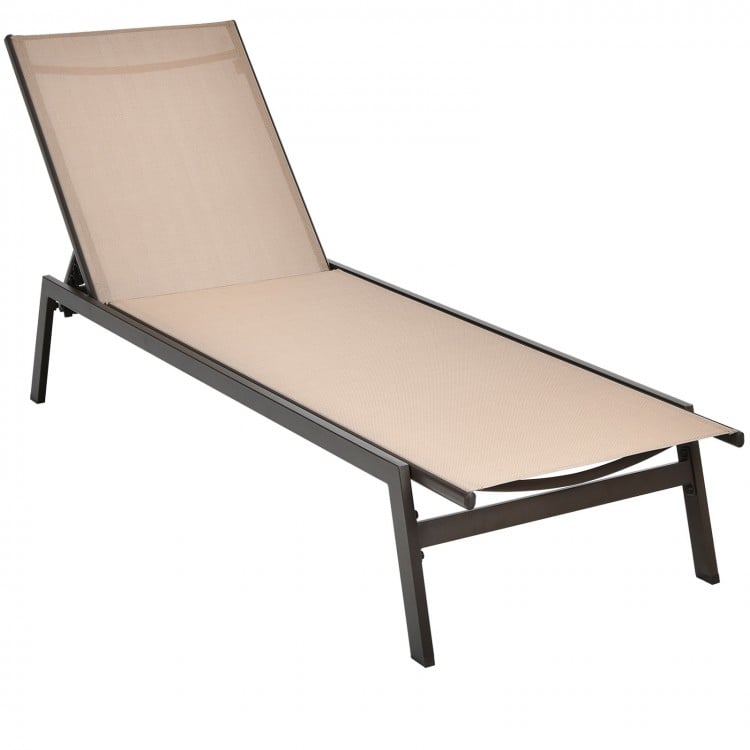 Outdoor reclining chaise lounge chair in brown with 6-position adjustable backrest, perfect for patio and poolside.
