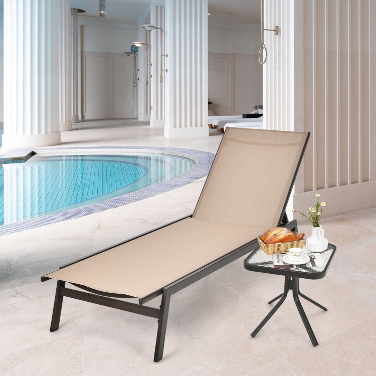 Outdoor reclining chaise lounge chair in brown with 6 adjustable positions, perfect for poolside relaxation.