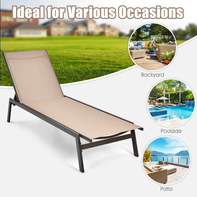 Single outdoor reclining chaise lounge chair in brown, featuring a durable steel frame and ideal for backyard lounging.