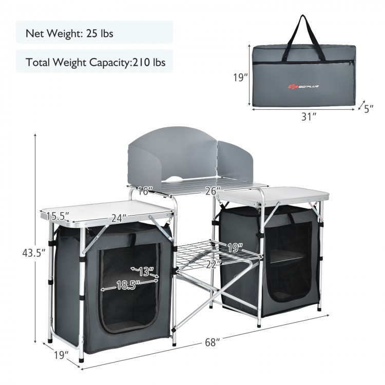 Folding camping table with storage organizer, gray, featuring two side tables and a large heat-resistant countertop.