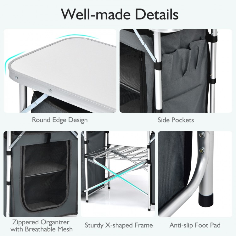 Folding camping table with storage organizer, featuring a sturdy X-shaped frame and side pockets for convenient outdoor.