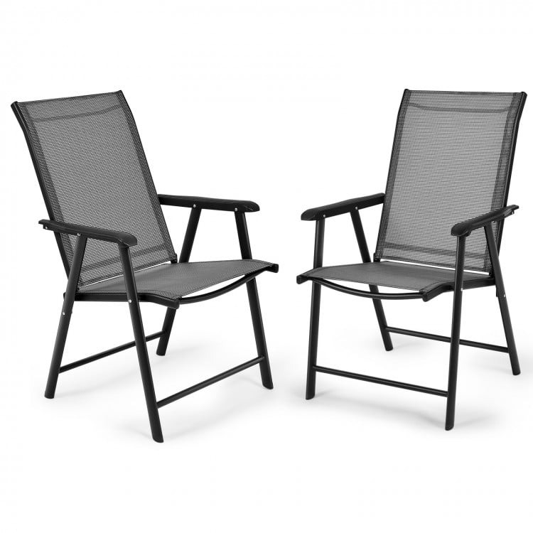 Gray folding textilene chairs with steel frames, perfect for outdoor camping and gatherings, space-saving design.
