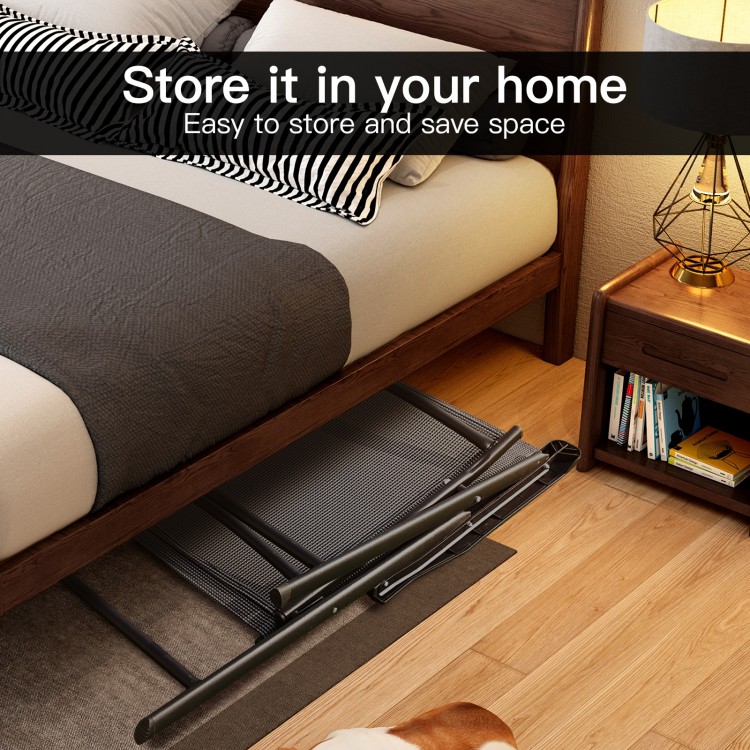 Gray folding textilene chair set with steel frame, ideal for outdoor camping and easy to store under the bed.