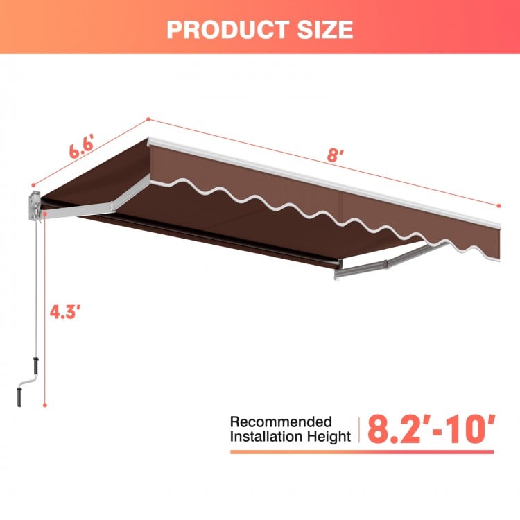 Retractable 8 x 6.6 feet patio awning in coffee color with manual crank, suitable for outdoor shading and UV protection.