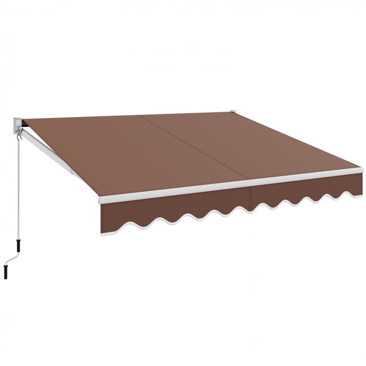 Retractable 8 x 6.6 feet patio awning in coffee color with wavy edge, featuring a manual crank handle for easy.